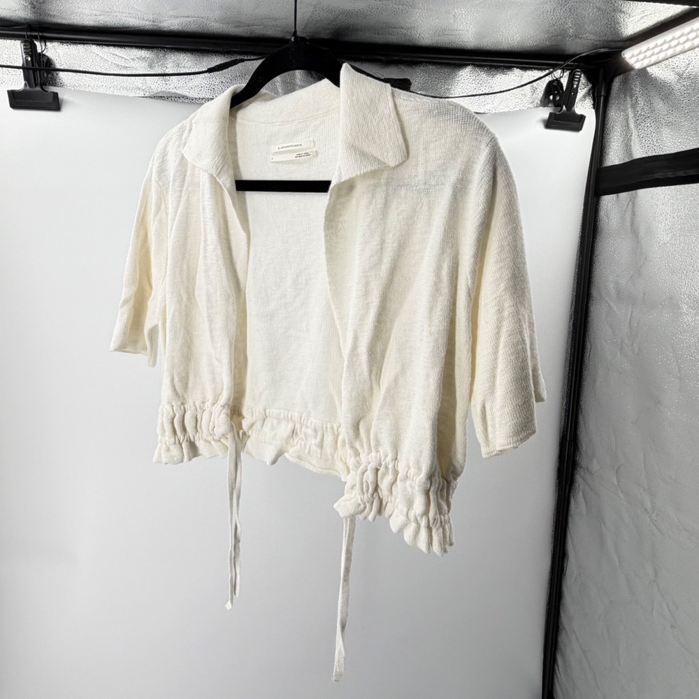 Anthropologie Ivory Cropped Knit Cardigan Short Sleeve Drawstring Ruffle Small